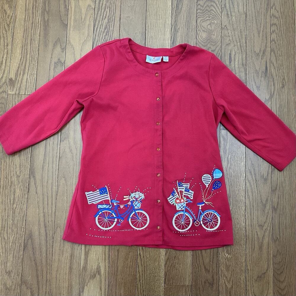 Quacker Factory Women small Sweater Patriotic Country Red Button‎ Down Cardigan